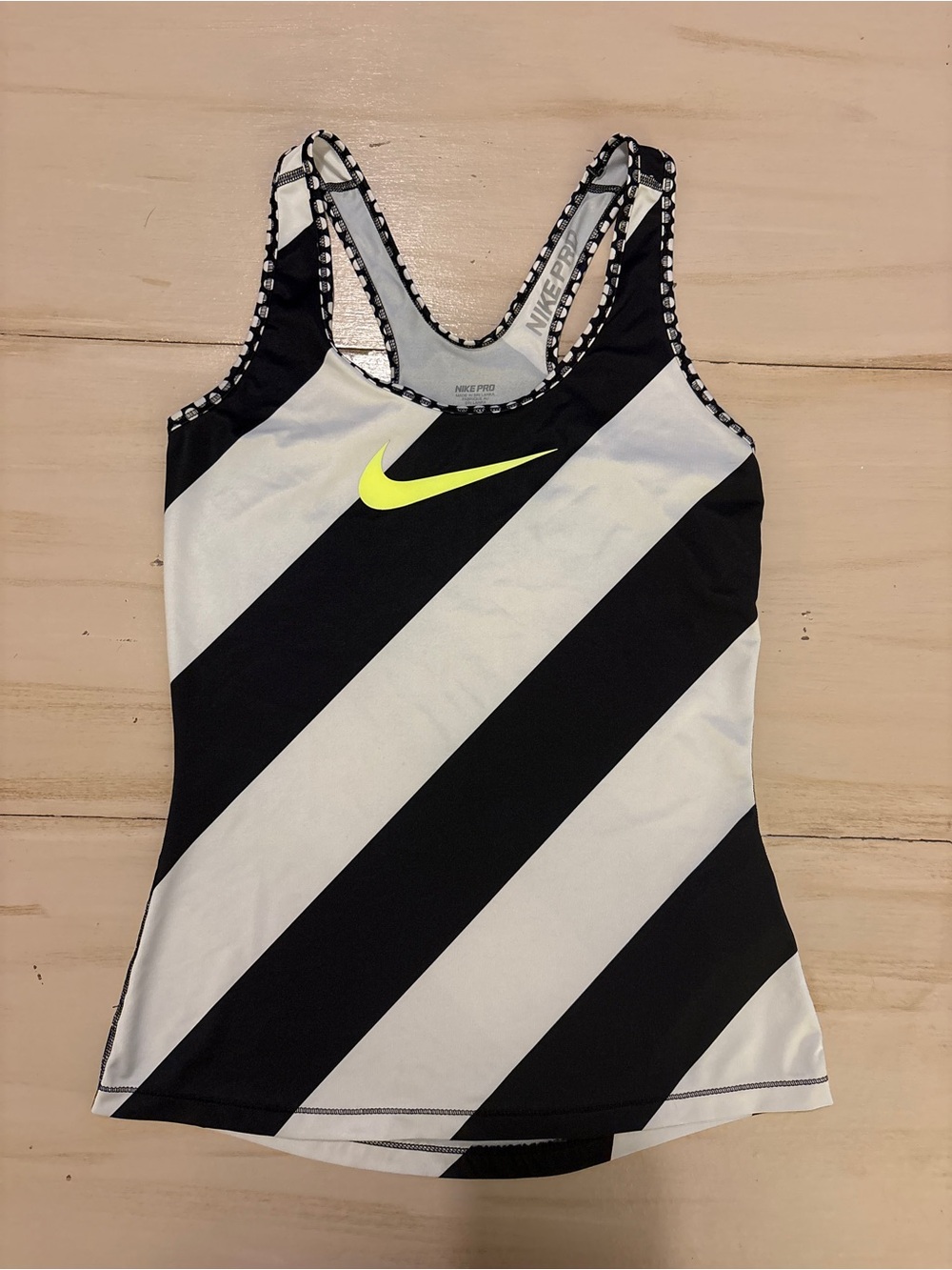 Nike Women's Black & White Diagonal Stripe Tank with Neon Yellow Swoosh